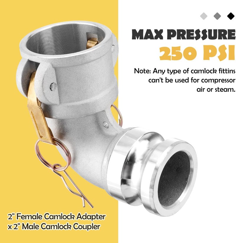 Venussar Type DA Cam and Groove Hose Fitting, 90 Degree Elbow, 2" Female Camlock x 2" Male Camlock, 250PSI, Aluminum Material, DA2020 - Image 2